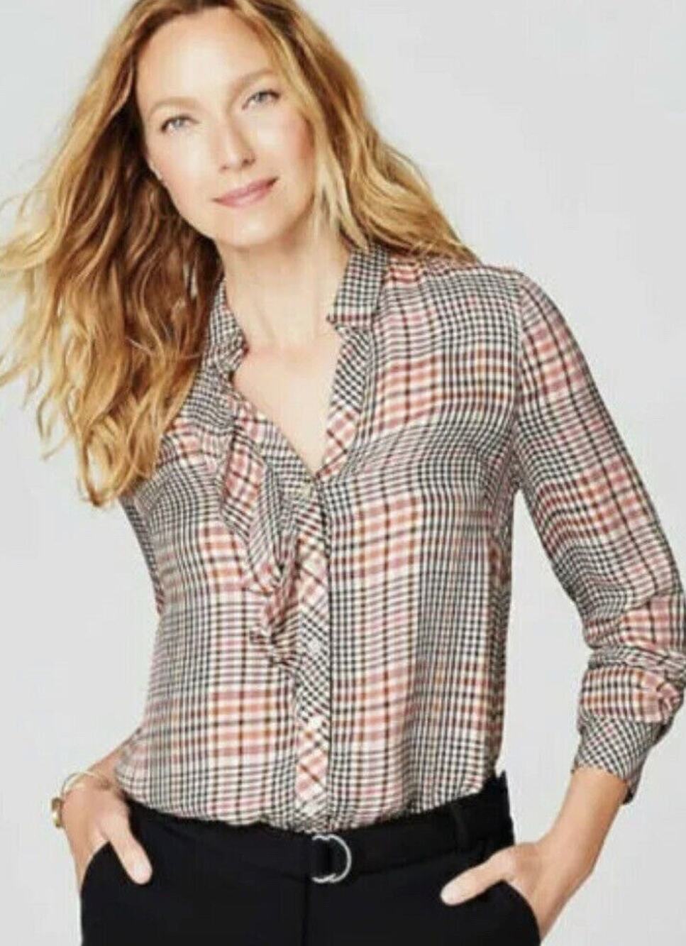 J Jill Small Petite Button Up Top Tearose Plaid Ruffle Long Sleeve Rayon Blouse